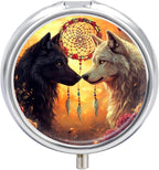 Black and White Wolf Dream Catcher Round Pill Case Mini Pill Box Pill Container Travel Medicine Organizer for Women Men