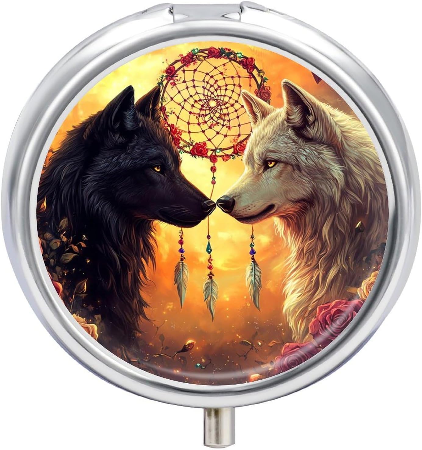 Black and White Wolf Dream Catcher Round Pill Case Mini Pill Box Pill Container Travel Medicine Organizer for Women Men