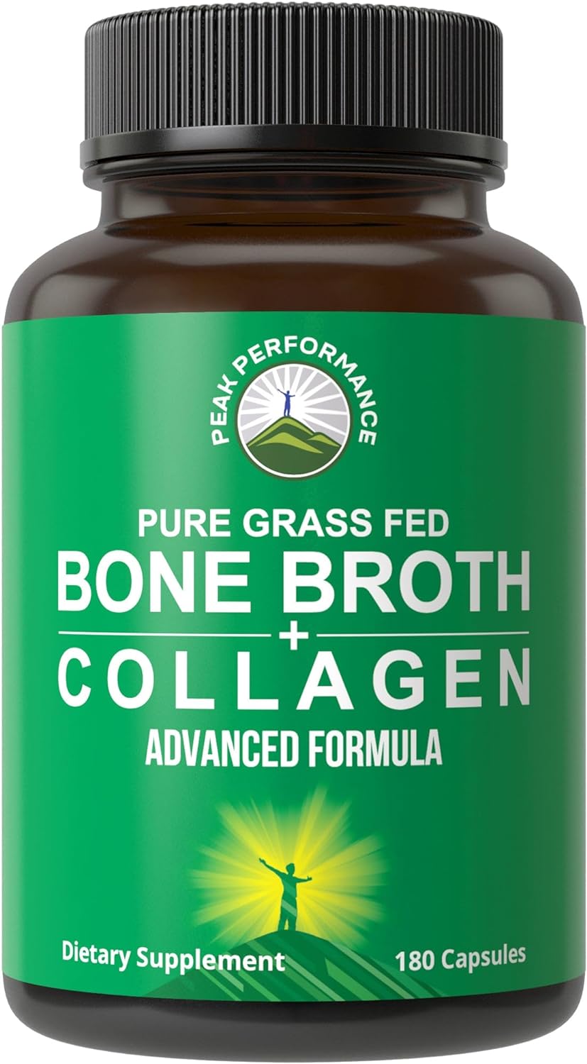 Peak Performance Bone Broth Collagen Capsules - 180 Pills of Grass Fed Bone Broth Collagen Protein Peptides - Contains All 3 Types 1, 2, and 3 - Pure Pasture Raised Paleo Friendly for Women & Men