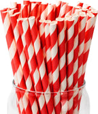 [100 Pack]Red Straws, Disposable Red and White Straws Biodegradable Red Paper Striped Straws for Cocktail, Milkshake, Coffee, Lemonade (0.24" x 7.75", Red)