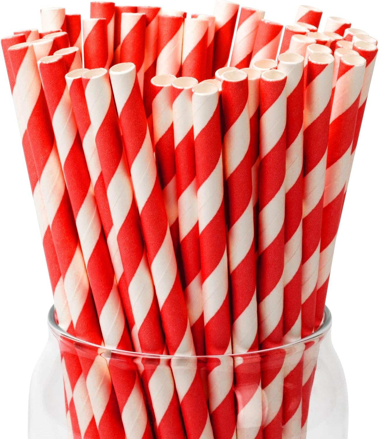 [100 Pack]Red Straws, Disposable Red and White Straws Biodegradable Red Paper Striped Straws for Cocktail, Milkshake, Coffee, Lemonade (0.24" x 7.75", Red)