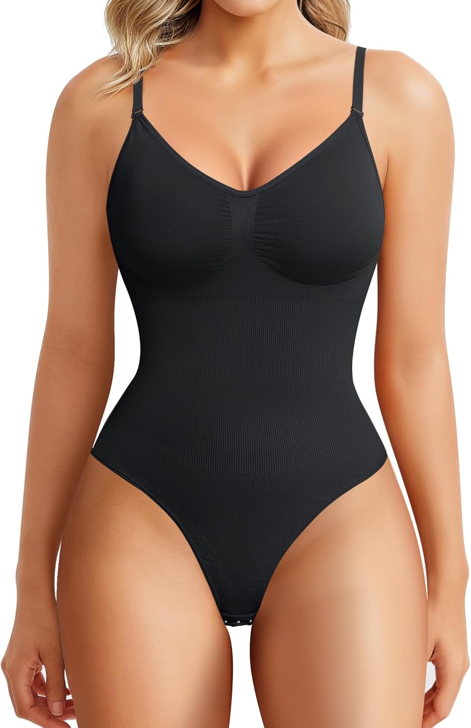 BRABIC Womens' Seamless Sleeveless V-Neck Thong Bodysuit Shapewear Tummy Control Tops V-Neck Camisole