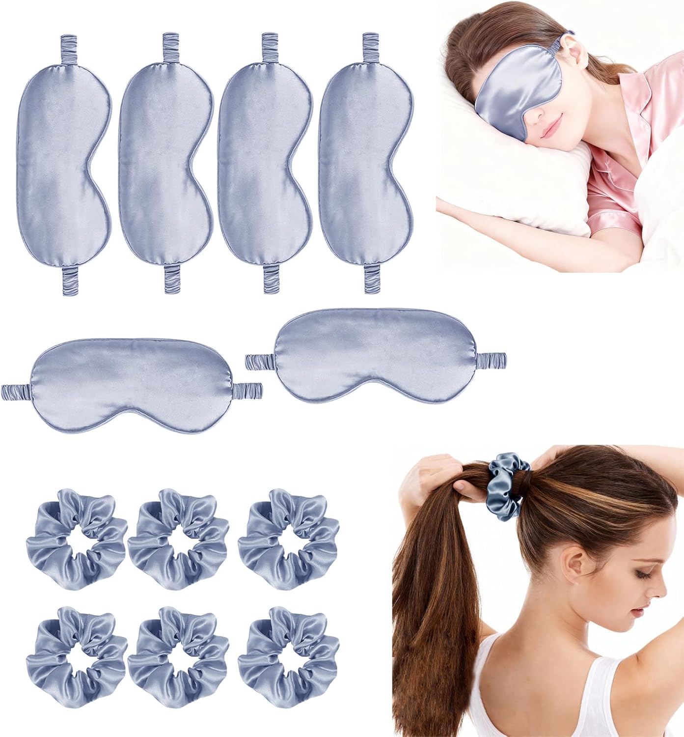 12Pcs Silk Sleep Masks Satin Eye Mask Silky Eyes Cover Blindfold Eyeshade Hair Ties Scrunchy Travel Bridesmaids Gifts