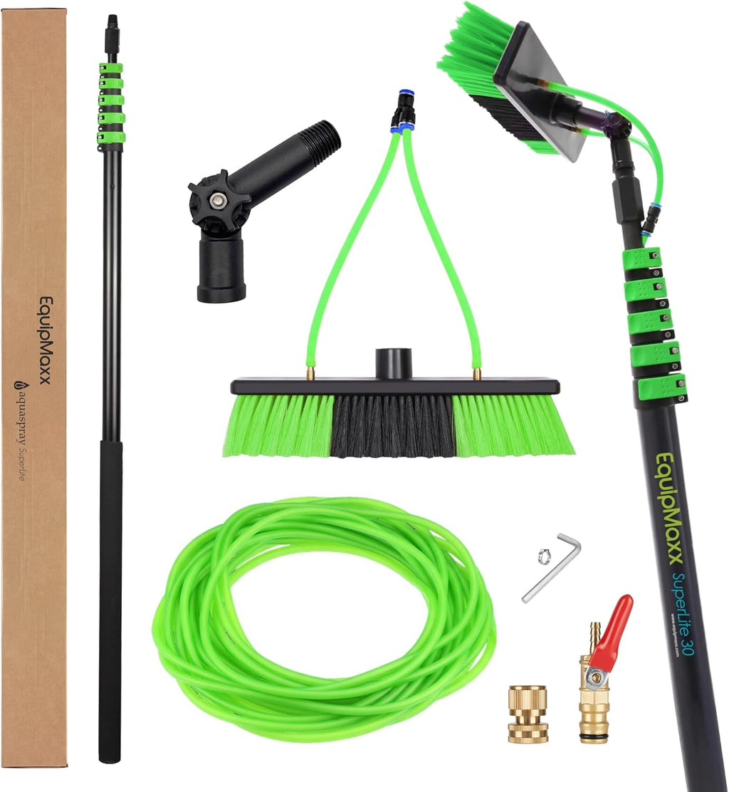 30 Feet Reach Solar Panel Cleaning Brush & Pole Water Fed Pole Kit, Window Cleaner Window Glass Solar Panel Cleaning System Washing Equipment Tool Solution Scrubber Brush & Hose Spray Washer