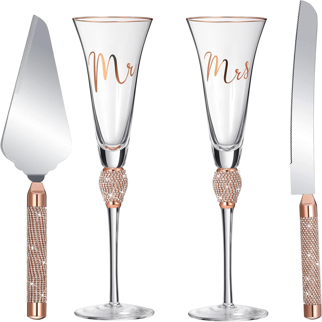 Boao 4 Piece Mr and Mrs Champagne Flutes and Cake Knife Server Set Crystal Wedding Toasting Flutes Rhinestone Cake Cutting Set for Bride and Groom Wedding Engagement Bridal Shower Gifts(Rose Gold)