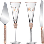 Boao 4 Piece Mr and Mrs Champagne Flutes and Cake Knife Server Set Crystal Wedding Toasting Flutes Rhinestone Cake Cutting Set for Bride and Groom Wedding Engagement Bridal Shower Gifts(Rose Gold)
