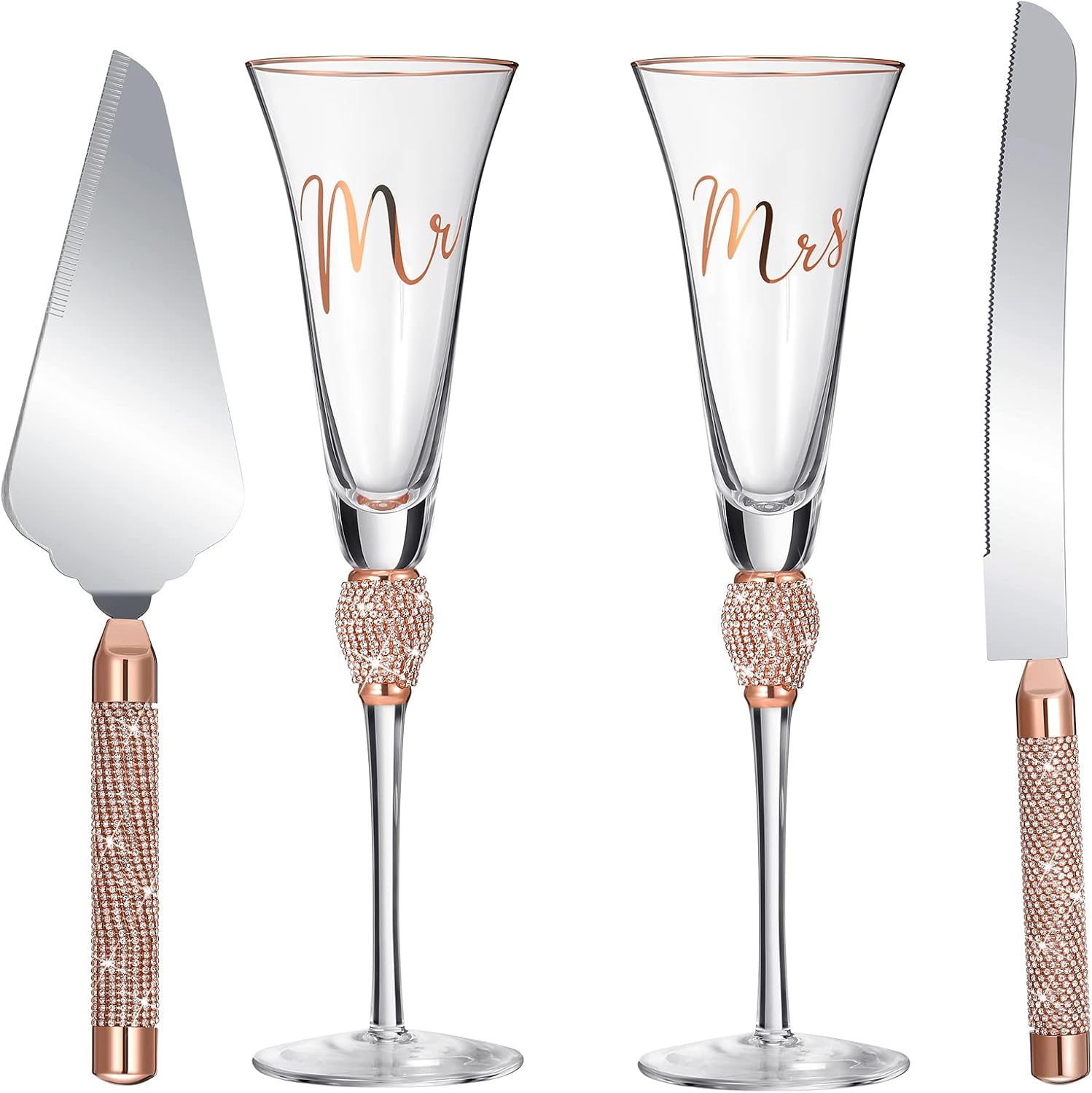 Boao 4 Piece Mr and Mrs Champagne Flutes and Cake Knife Server Set Crystal Wedding Toasting Flutes Rhinestone Cake Cutting Set for Bride and Groom Wedding Engagement Bridal Shower Gifts(Rose Gold)