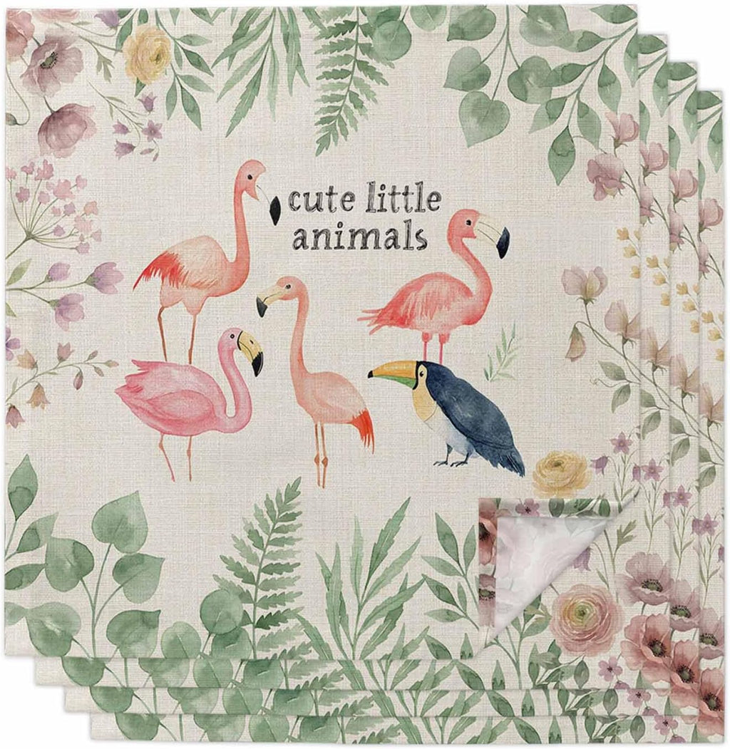 4pcs Cloth Napkins,Summer Flamingo Flower Leaf Reusable Dinner Napkin Washable Soft Kitchen Napkins,Vintage Linen Tropical Botanical Absorbent Cloth Napkin for Holiday Party Wedding