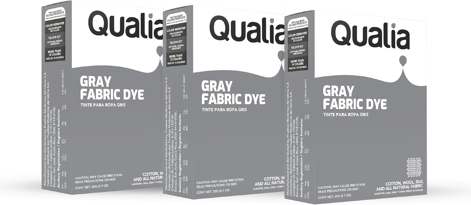 Qualia All Purpose Powder Fabric Dye, Easy to Use Dye for Natural Fabrics: Cotton, Wool, Silk, Wood, & Linen, Ultra Concentrated Colors, Gray, 3 Pack
