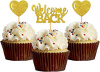 MonMon & Craft 24 Pcs Gold Glitter Welcome Back Cupcake Toppers - Housewarming, Retirement Party Decorations