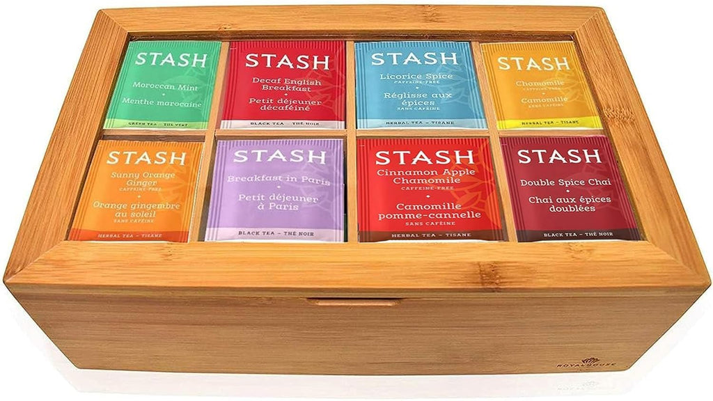 Stash Tea Bags Sampler Assortment Variety Pack 80 Tea Bags 30 Unique Flavors in Bamboo Organizer for Mom Dad Wife Husband Tea Lovers