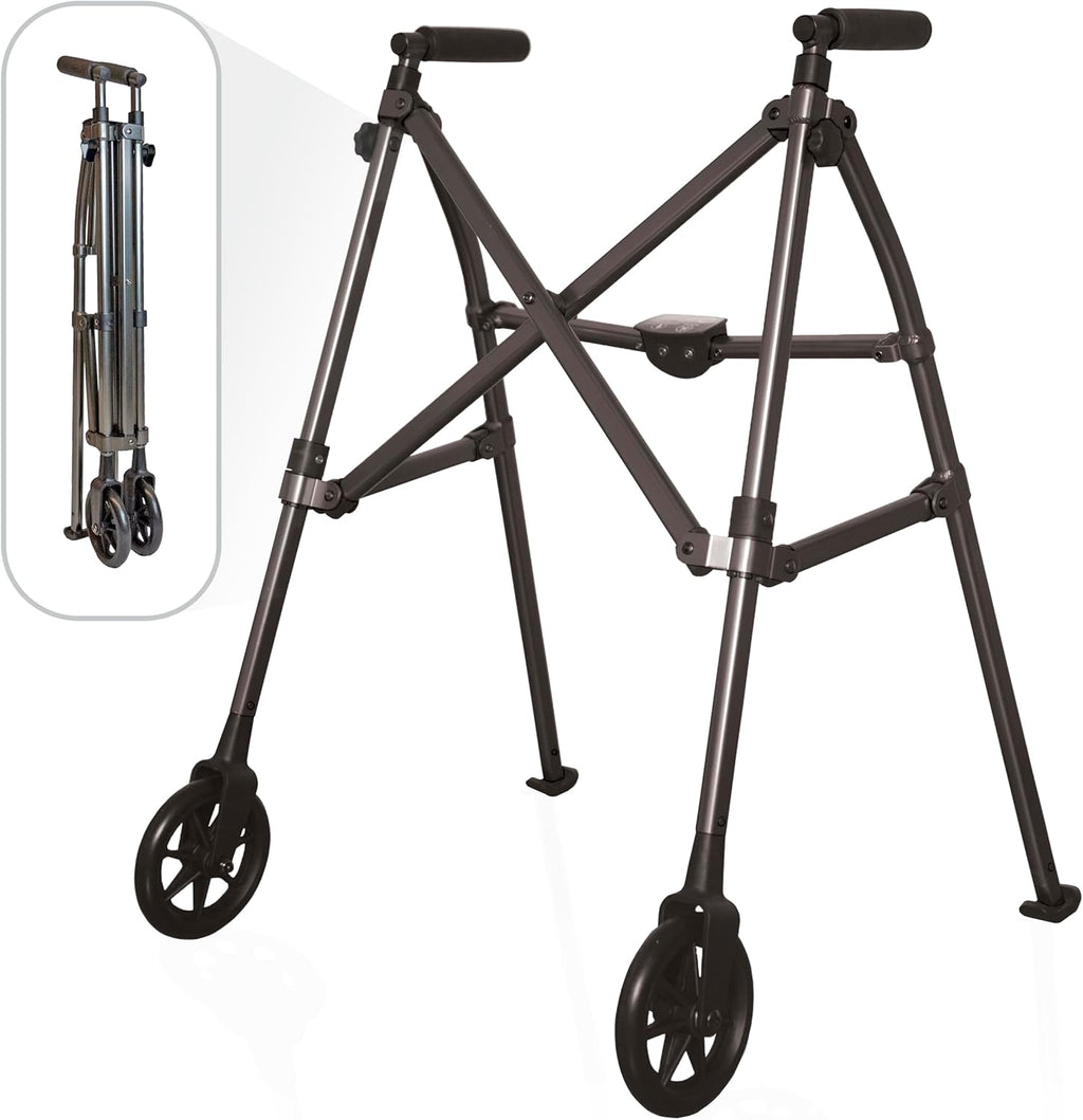 Stander Space Saver Walker, Lightweight Folding Rolling Mobility Aid for Seniors & Adults, Compact 2-Wheel Disability Device with 6-inch Wheels & Ski Glides for Walking Support, Black Walnut