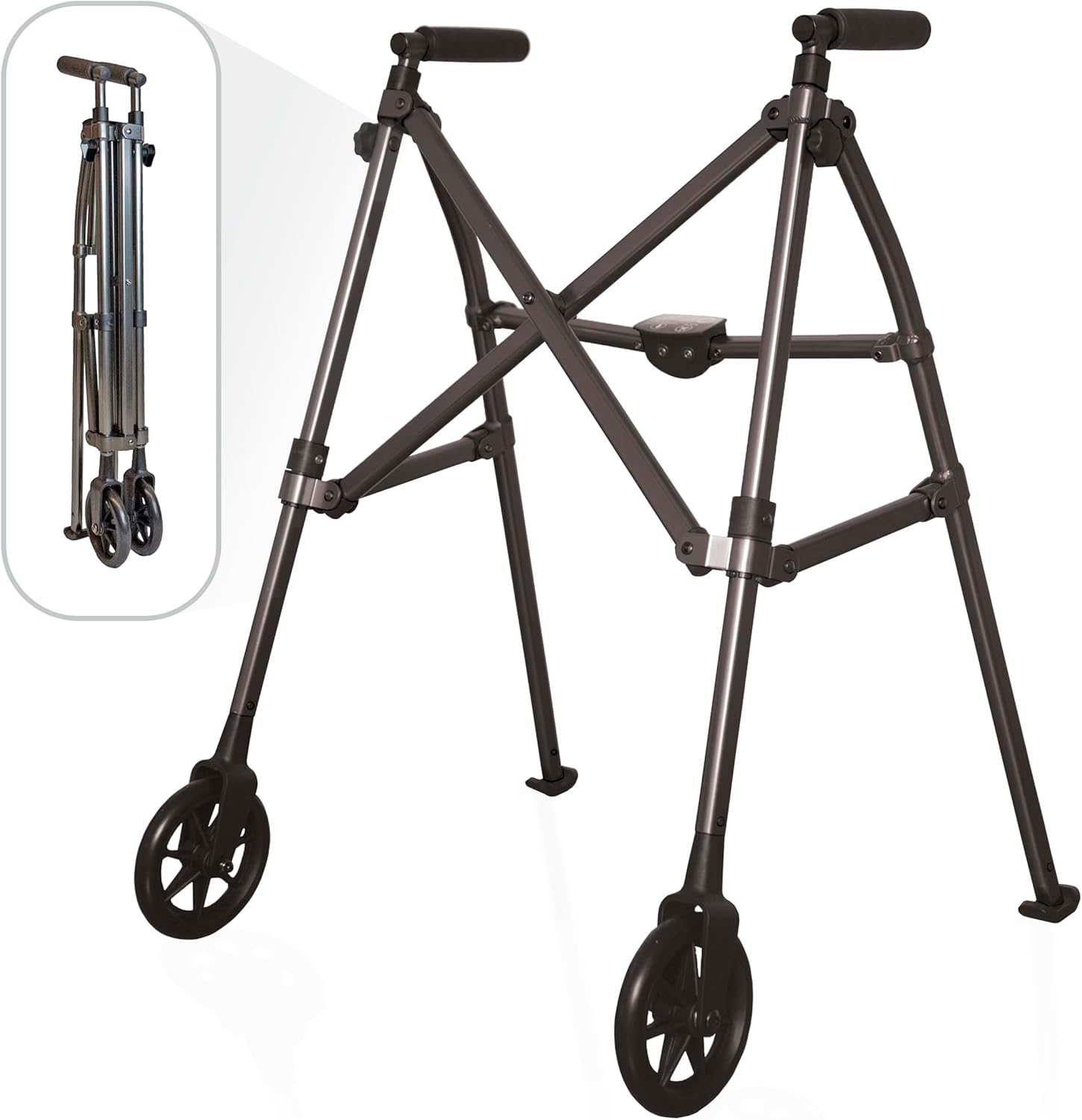 Stander Space Saver Walker, Lightweight Folding Rolling Mobility Aid for Seniors & Adults, Compact 2-Wheel Disability Device with 6-inch Wheels & Ski Glides for Walking Support, Black Walnut