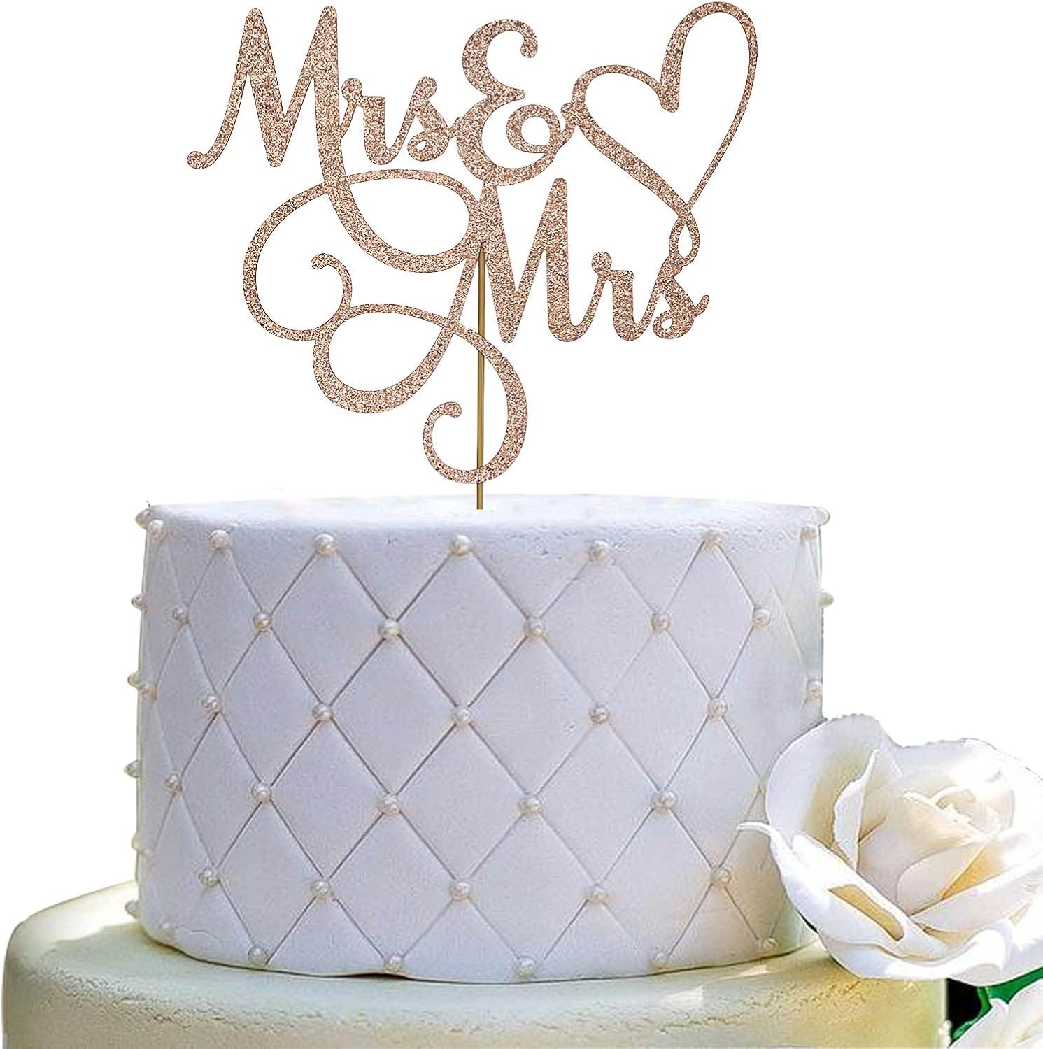 Mrs and Mrs Cake Topper,Wedding and Anniversary Cake Topper,Gay and Lesbian, LGBT Marriage Union,Love is Love (Double Sided Rose Gold Glitter)