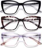 Reading Glasses for Women, 3 pack Fashion Oversized Blue Light Readers for Women, Spring Hinge Cat Eye Glasses Anti Eyestrain (A1 Black Tortoiseshell Purple, 1.50)