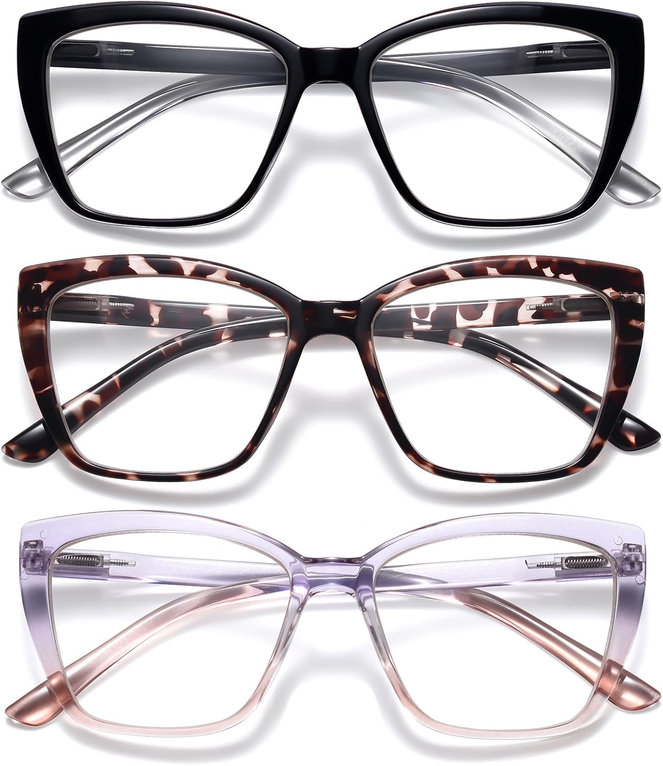Reading Glasses for Women, 3 pack Fashion Oversized Blue Light Readers for Women, Spring Hinge Cat Eye Glasses Anti Eyestrain (A1 Black Tortoiseshell Purple, 1.50)