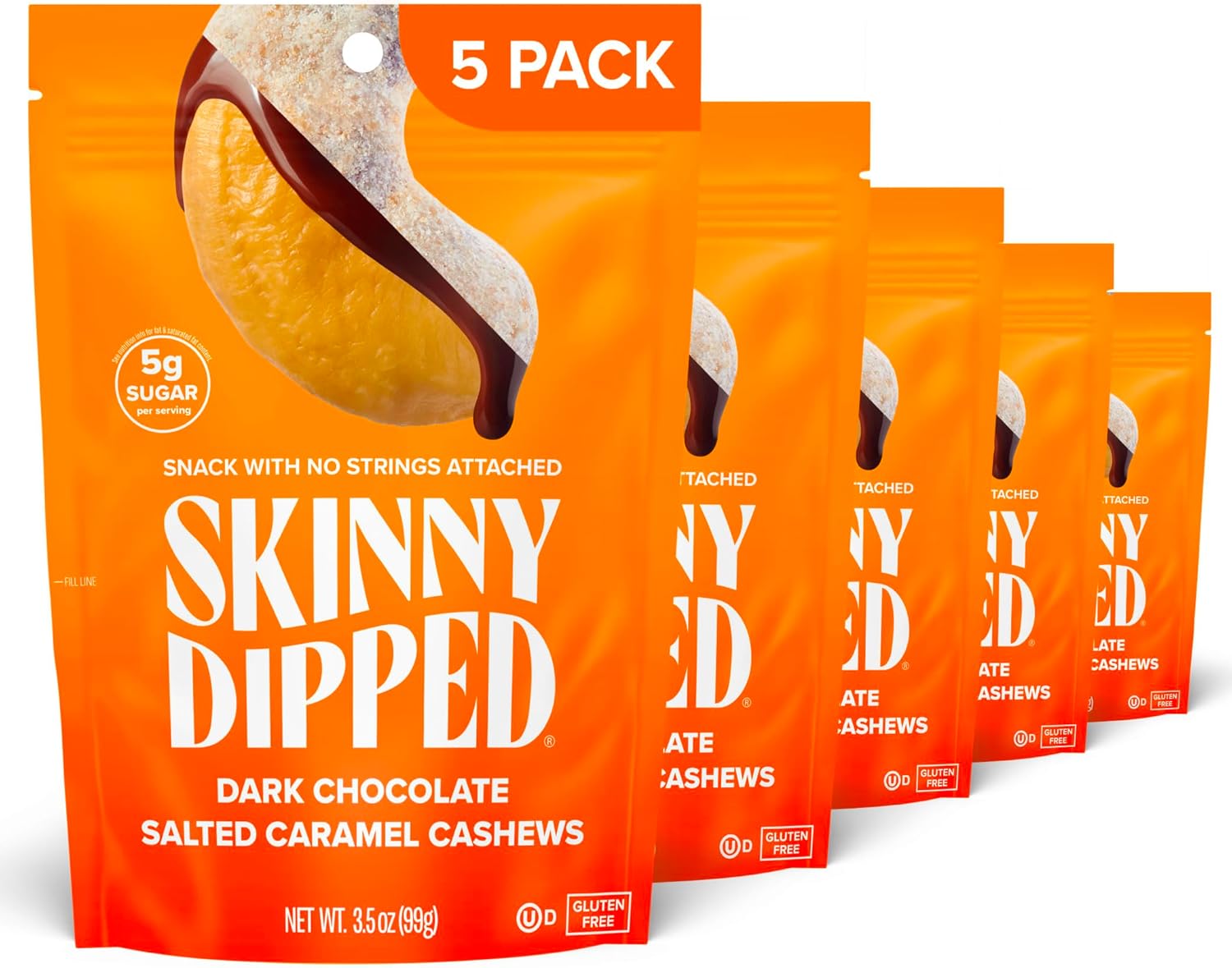 SkinnyDipped Salted Caramel Cashews, Healthy Snack, Plant Protein, Gluten Free, 3.5oz Resealable Bags, Pack of 5