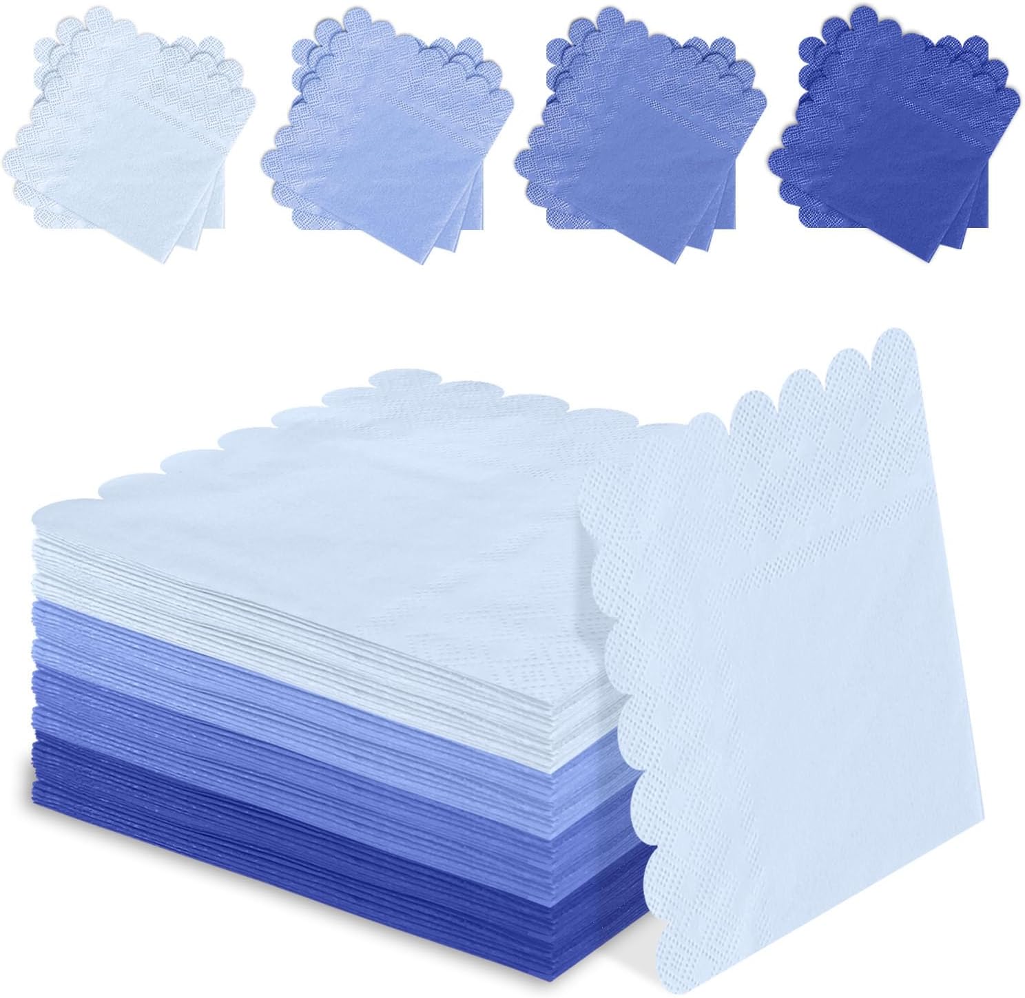 SietDESEO 48 Pieces 3-ply Gradient Blue Napkins Disposable Folded 5 x 5 Inches Scalloped Cocktail Napkins Paper Napkins for Dinner Wedding Birthday Party Blue Dessert Napkins