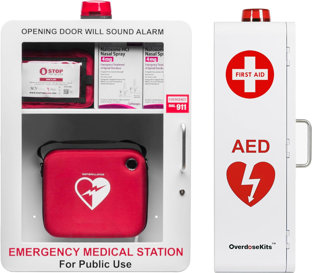 Emergency Medical Station – Wall Mount Cabinet for AEDs, Naloxone, Bleeding Control & First Aid Kits – Public Space Storage Solution – White, Medium (AED & Accessories Not Included)