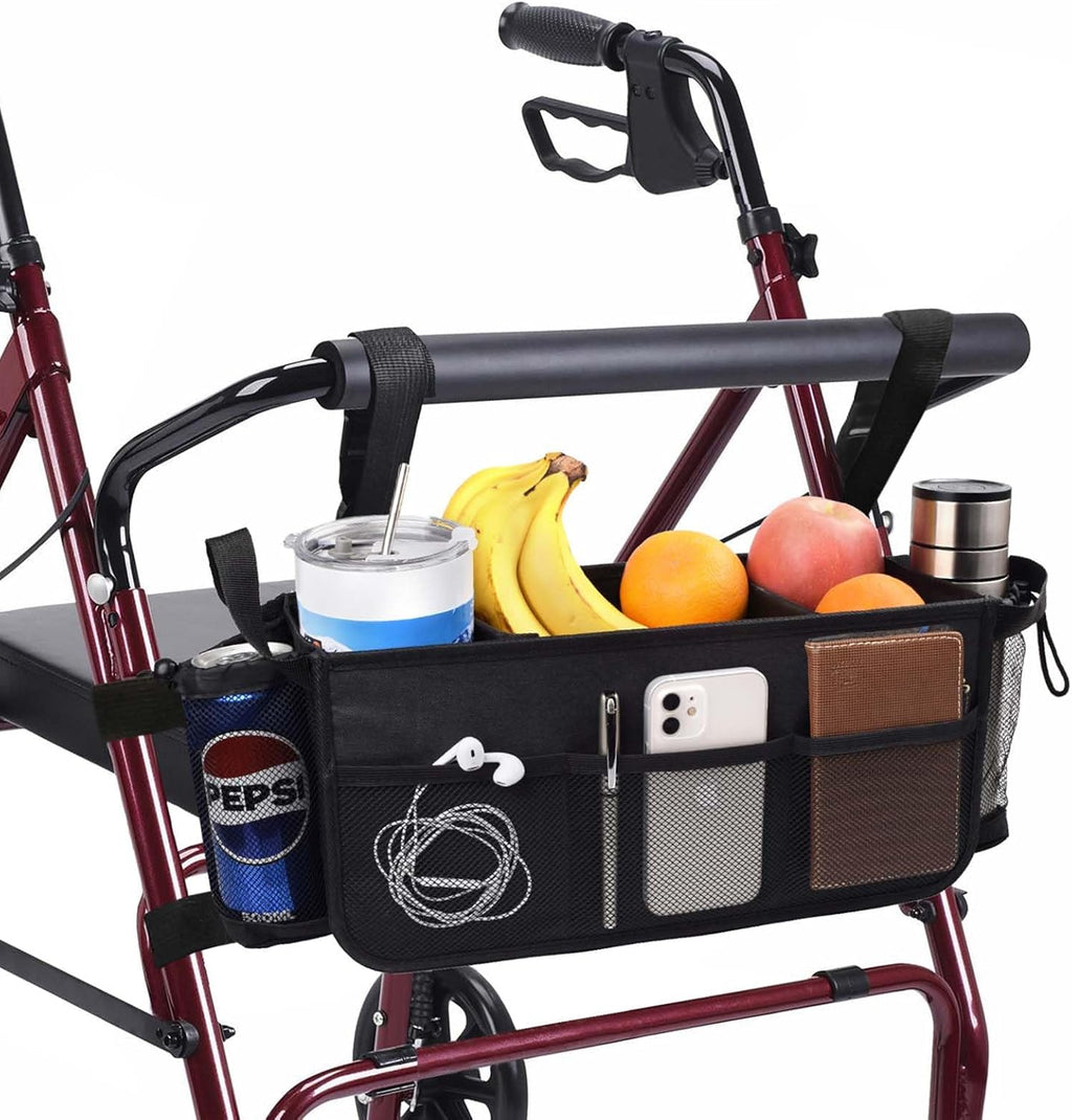 Upgraded Rollator Basket Foldable Rollator Walker Storage Bag with Cup Holder for Seniors with Big Capacity,Never Tipping Over and Easy to Use,Best Present for Family