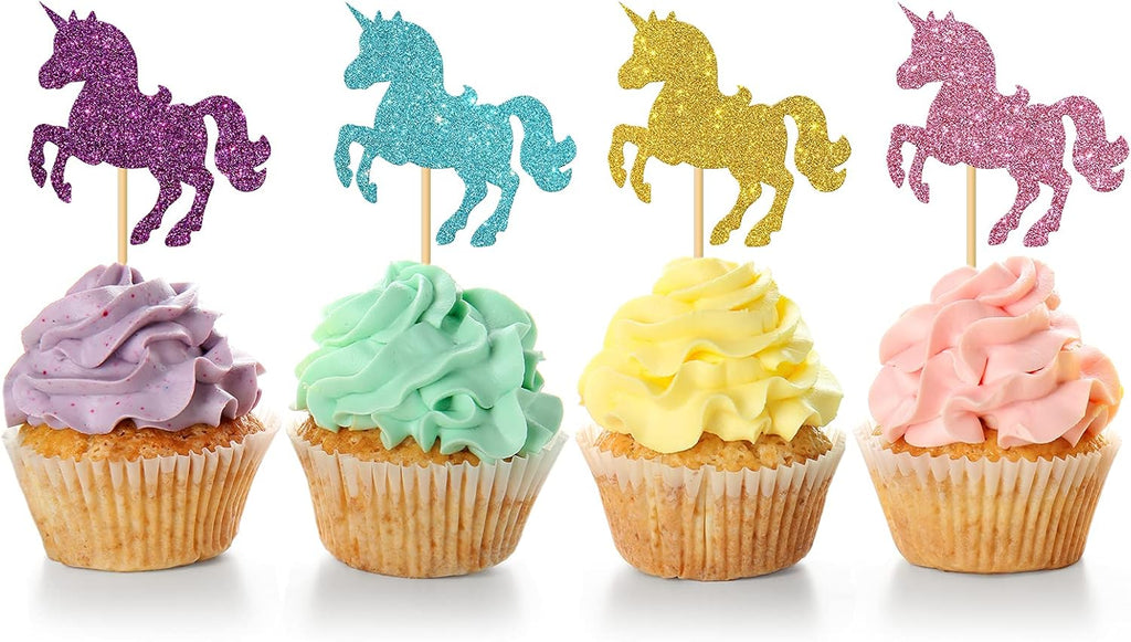 MonMon & Craft 24 Pcs Unicorn Cupcake Toppers / Baby Shower & Children's Birthday / Silver & Gold Glitter