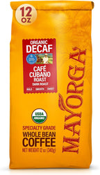 Mayorga Decaf Dark Roast 12oz Bag Cafe Swiss Water Decaffeinated Cubano Roast 100% Arabica Whole Coffee Beans - Smoothest Organic Coffee - Specialty Grade, Non-GMO, Direct Trade