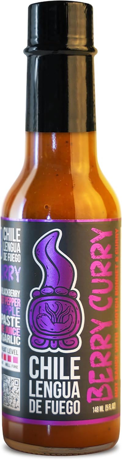 Chile Lengua de Fuego Berry Curry Hot Sauce - 1 Bottle - Scotch Bonnet, Mango, Blackberry & Curry Paste - Fruity, Spicy, Savory Blend - Artisan Honduran Sauce - All-Natural, Small Batch