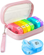 AMOOS Cute Pill Organizer 2 Times a Day, PU Leather Pill Case for Women, Portable Weekly Pill Box for Purse with Storage Bag to Hold Vitamins, Medications, Fish Oils, Supplements (Pink)