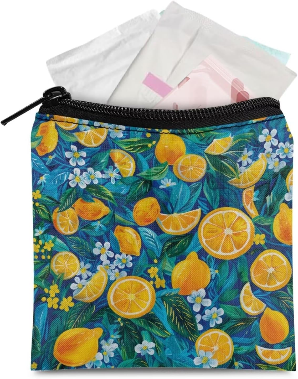 Watercolor Lemon Sanitary Napkin Storage Bag Small Period Bag for Women Teen Girls Portable Period Pouch with Zipper Feminine Menstrual Pad Bag Menstrual Cup Pouch