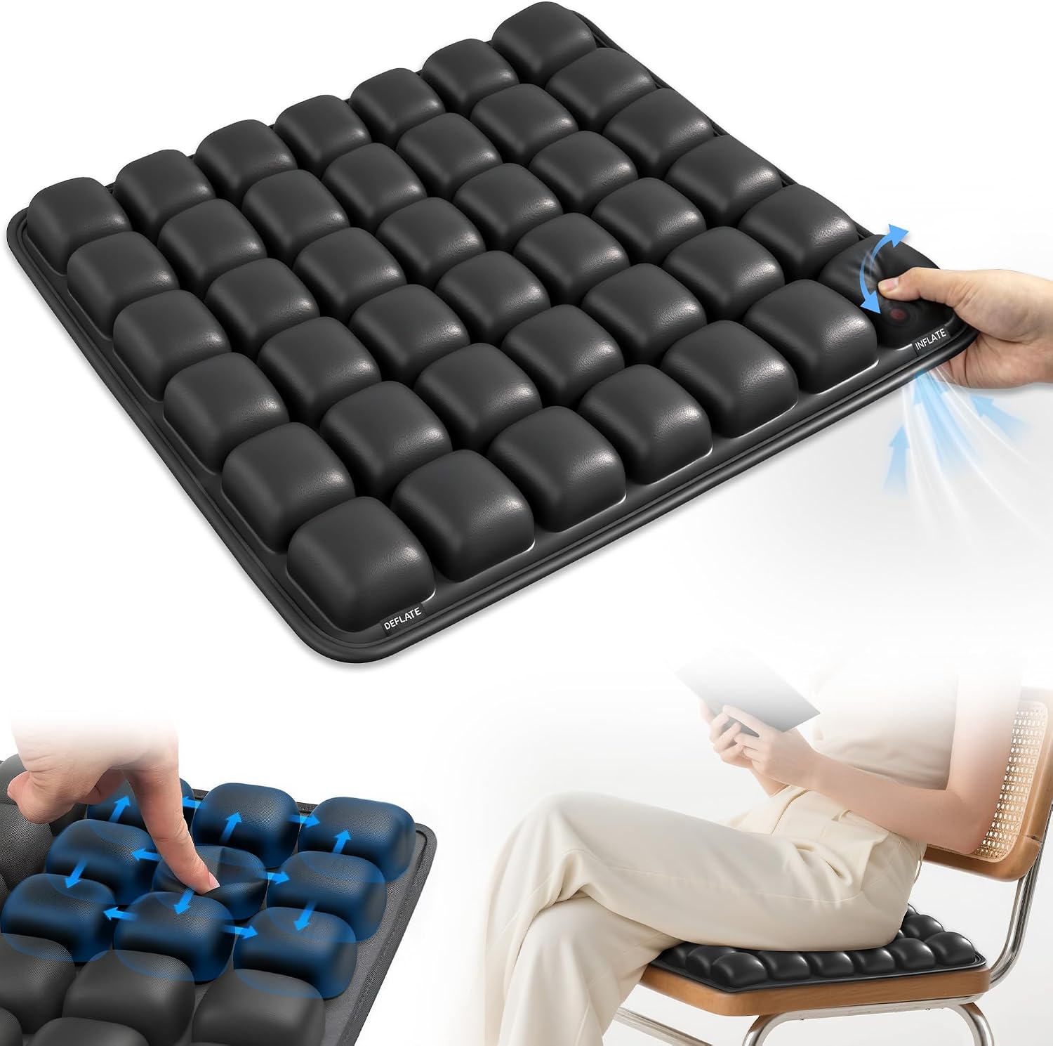 Upgrade Airplane Seat Cushion with No External Air Pump, Inflatable Seat Cushion for Long Flights, Portable Wheelchair Cushions, Adjustable Air Cushion with Non-Skid Bottom Relief Discomfort in Coccyx