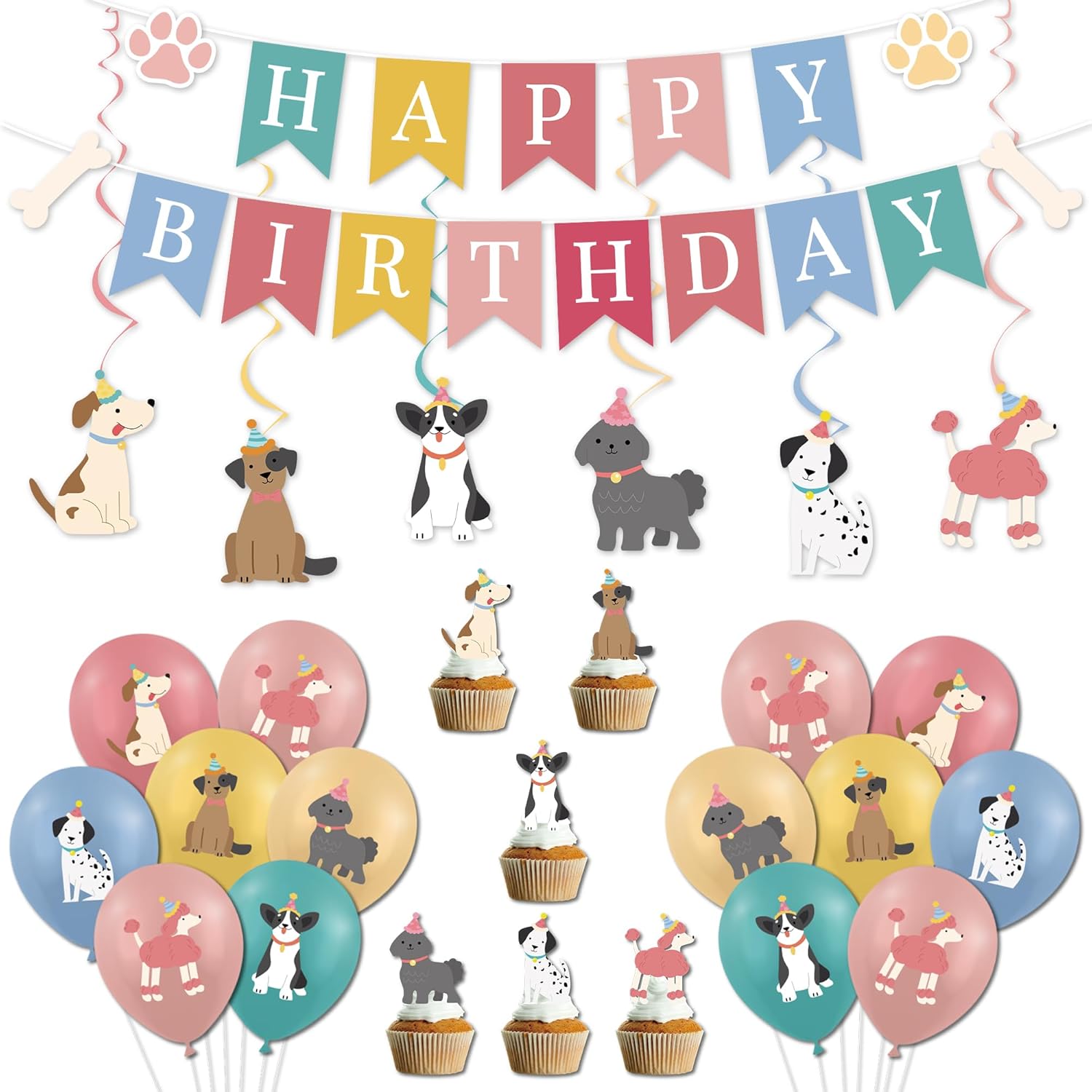 28Pcs Dog Birthday Party Decoration Set Include Vintage Dog Birthday Banner Puppy Print Hanging Swirls Dog Balloons Cupcake Toppers Retro Puppy Decorations for Baby Shower Pets Themed Party Supplies