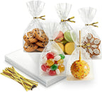 kovauro Cellophane Treat Bags 4x6 Inches 100 Pcs, Heavy Duty Crystal Clear Cookie Bags with Gold Twist Ties, Premium OPP Plastic Goodie Bags for Candy Bakery Cake Pops Party Favors