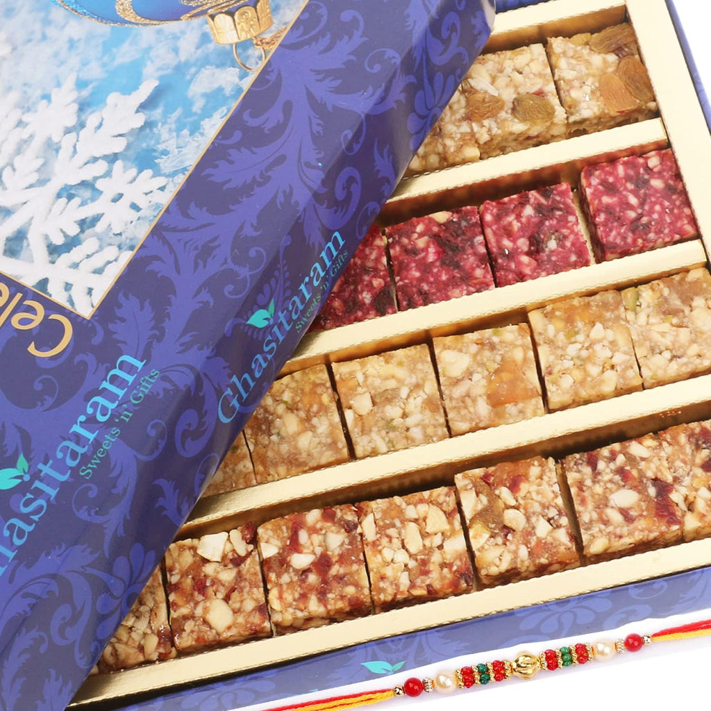 Ghasitaram Gifts Rakhi Gifts for Brothers Rakhi Gifts Natural Fruit Assorted Sugarfree Sweets 400 GMS with Beads Rakhi