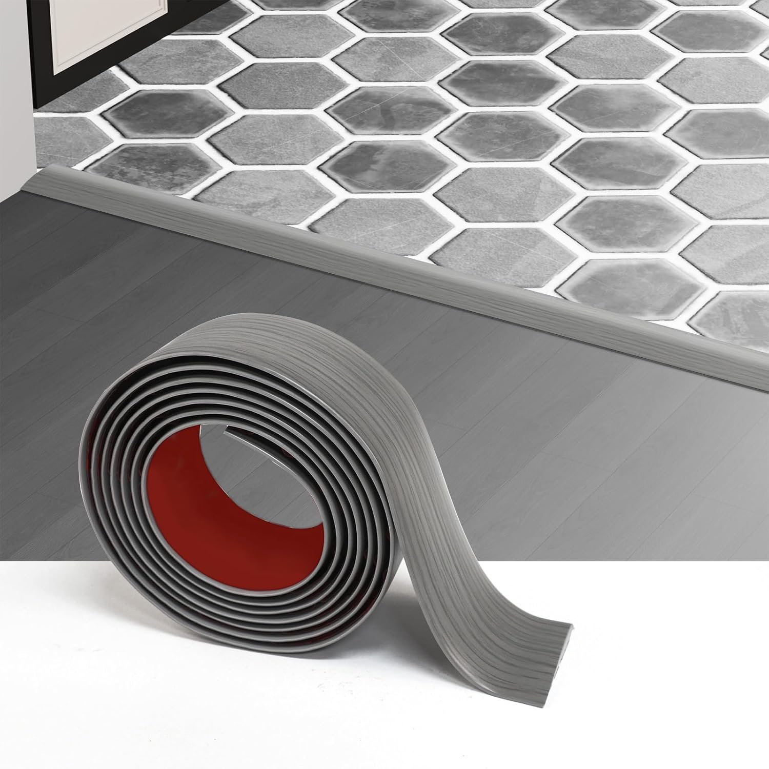 Floor Transition Strip - Self-Adhesive PVC Trim for Carpet to Flooring, Threshold Gap Cover (4ft x 1.57in, Grey Wood)