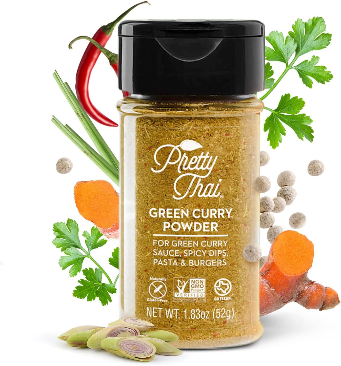 Pretty Thai Green Curry Powder, Authentic Gluten Free, Certified Non GMO, Sodium Free Seasoning for Curry Sauce, Pasta Sauce & Thai Food