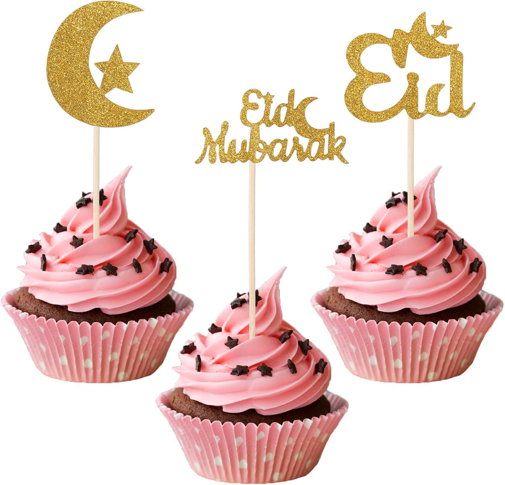 24pcs Eid Mubarak Cupcake Toppers, Glitter Gold Moon Star Cake Topper Ramadan Kareem Cake Topper Cupcake Picks Mubarak Decorations for Islamic Muslim Theme Party