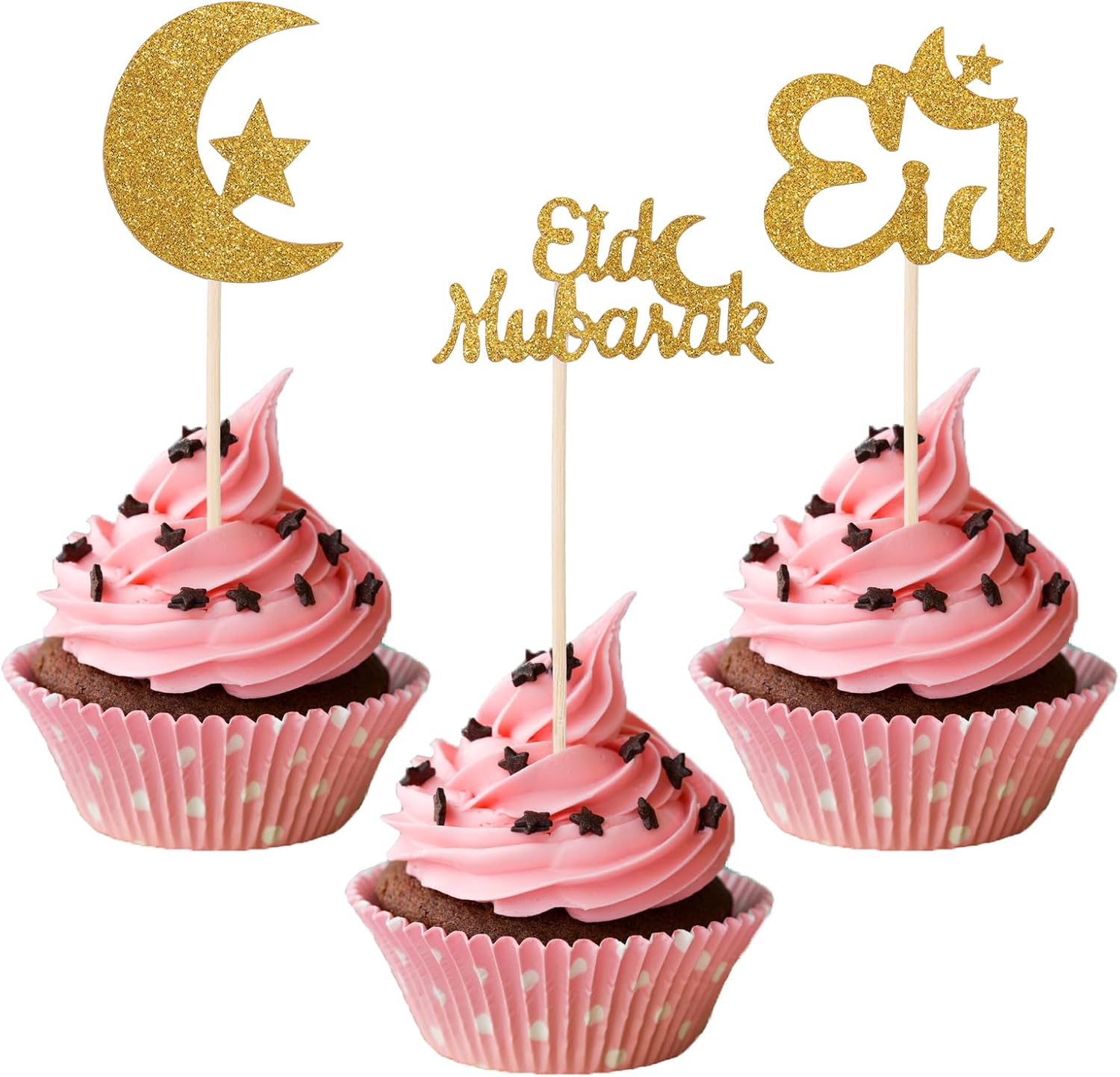 24pcs Eid Mubarak Cupcake Toppers, Glitter Gold Moon Star Cake Topper Ramadan Kareem Cake Topper Cupcake Picks Mubarak Decorations for Islamic Muslim Theme Party