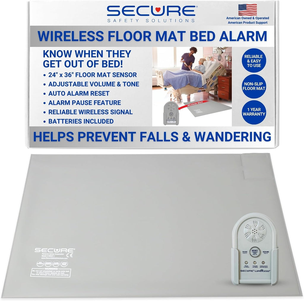 Secure Safety Solutions Wireless Floor Mat Bed Alarm for Elderly Adults - 24"x36" Sensor & Remote Alert Monitor - Bed Alarms and Fall Prevention for Elderly Dementia Patients, Caregiver Alert Seniors