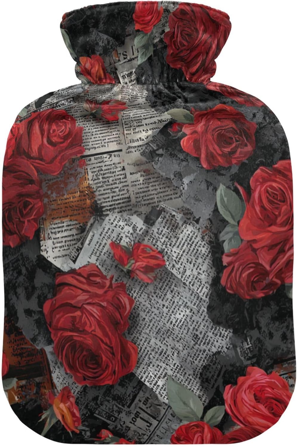 Newspapers Red Roses Art Retro hot Waterbottle with Soft Cover, 1L Water Bottle Bag for Neck Shoulder Warmer