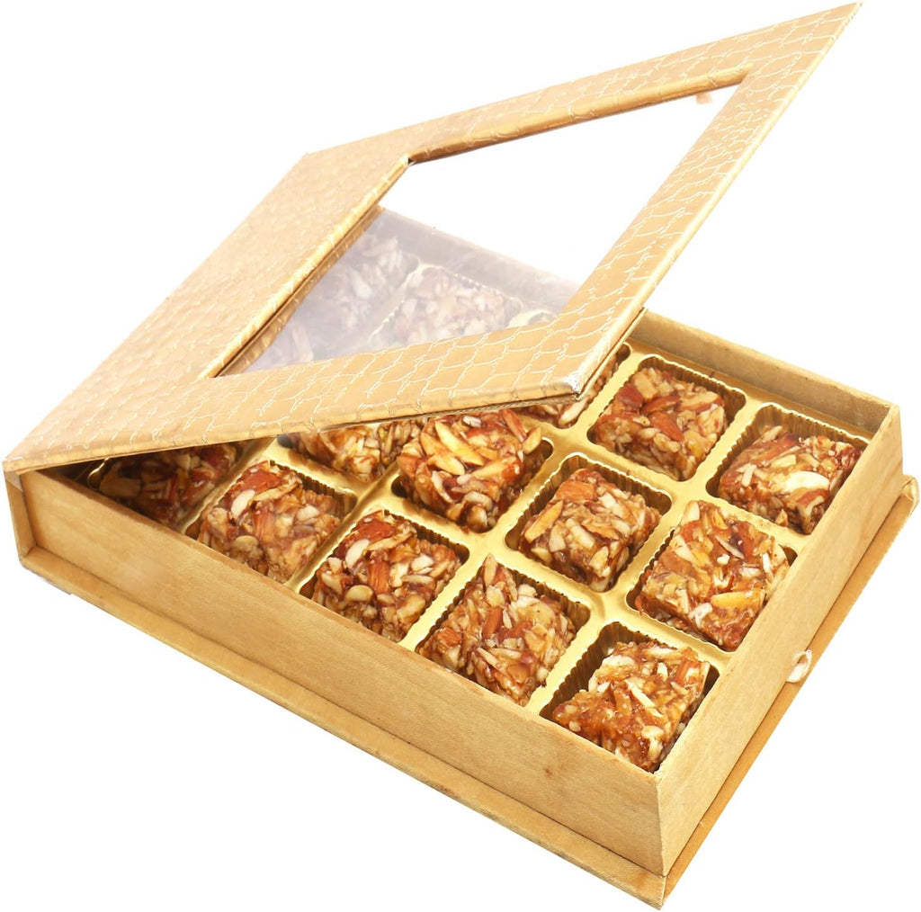 Ghasitaram Gifts Diwali Gifts Sweets- Golden Leather Finish 15 pcs Roasted Almond Bites Box