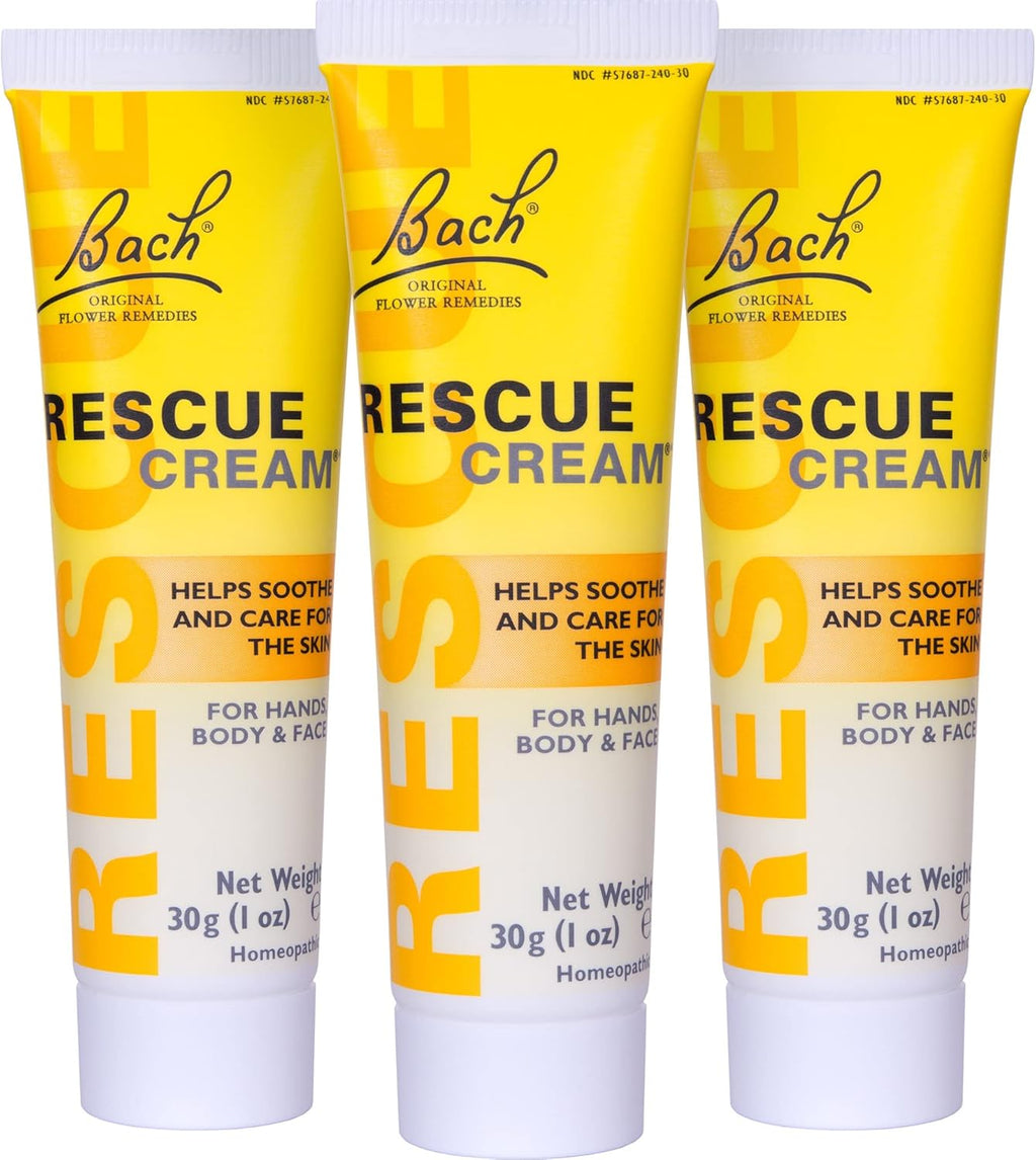 Bach Rescue Cream, Hydrating Skincare for Hands, Body and Face, Shea Butter, Homeopathic Stress Relief Flower Essences, Fragrance-Free, Paraben-Free, 3 Pack, 30g Ea