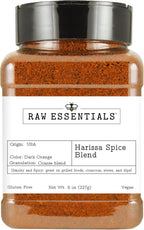 Raw Essentials Harissa Spice Blend - Moroccan Style Smoky Sweet Chili Seasoning - Great on Grilled Foods, Couscous, Stews and Dips - Gluten Free and Vegan - 8 Ounce Bottle