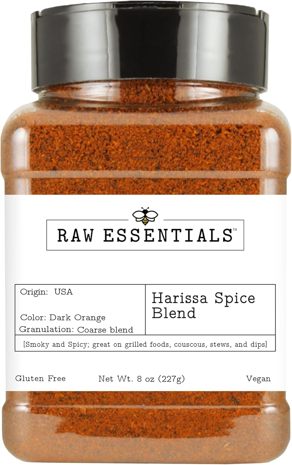 Raw Essentials Harissa Spice Blend - Moroccan Style Smoky Sweet Chili Seasoning - Great on Grilled Foods, Couscous, Stews and Dips - Gluten Free and Vegan - 8 Ounce Bottle