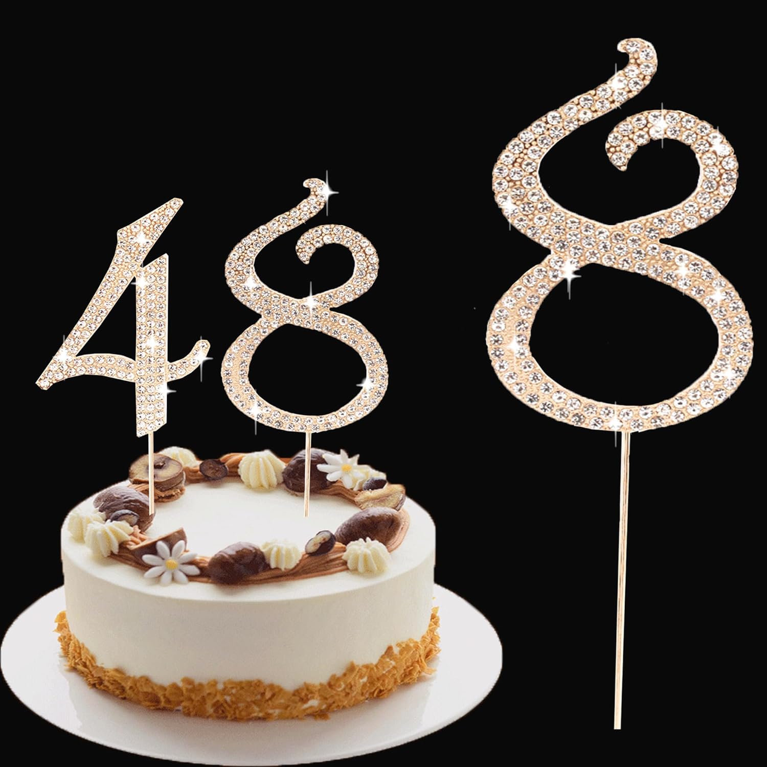 Birthday Cake Topper Number, Bling Gold Rhinestone Large Number 0-9 Happy Birthday Cake Topper for Birthday Anniversary Party Decoration, 8