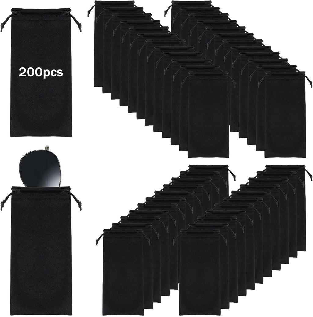 200 Pcs Microfiber Glasses Case Pouch Bag Sleeve, Soft Sunglasses Storage with Drawstring Closure for Men Women, Black