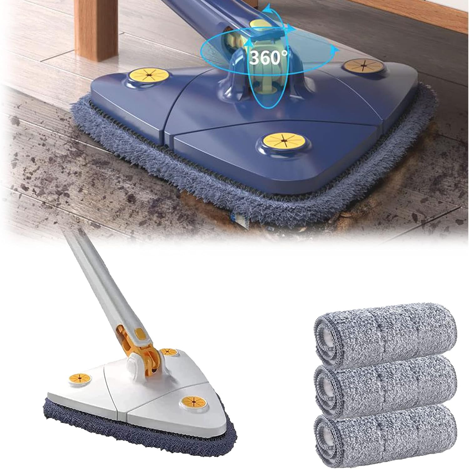 2025 Upgrade Triangle 360 Rotatable Adjustable Cleaning Mop with Automatic Water Squeezing Function, Rotable Cleaning Mop for Walls (White)