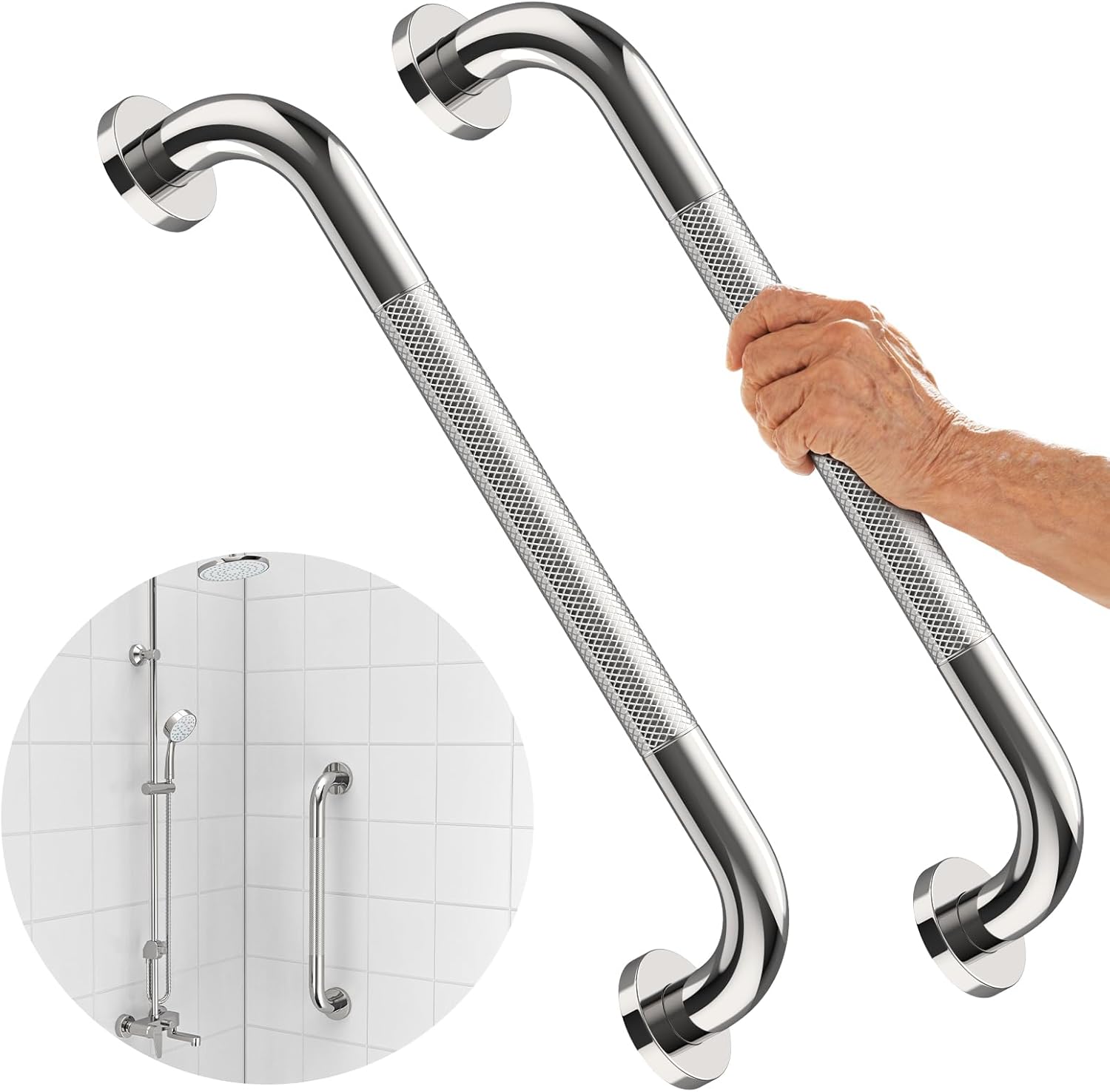 Anti-Slip Chrome Grab Bar 16 Inch, iMomwee 2 Pack Stainless Steel Bathroom Grab Bar w/Knurled Grip, Safety Shower Grab Bar for Wall, Toilet Balanced Support Bar Bathtub Assist Handle for Elderly