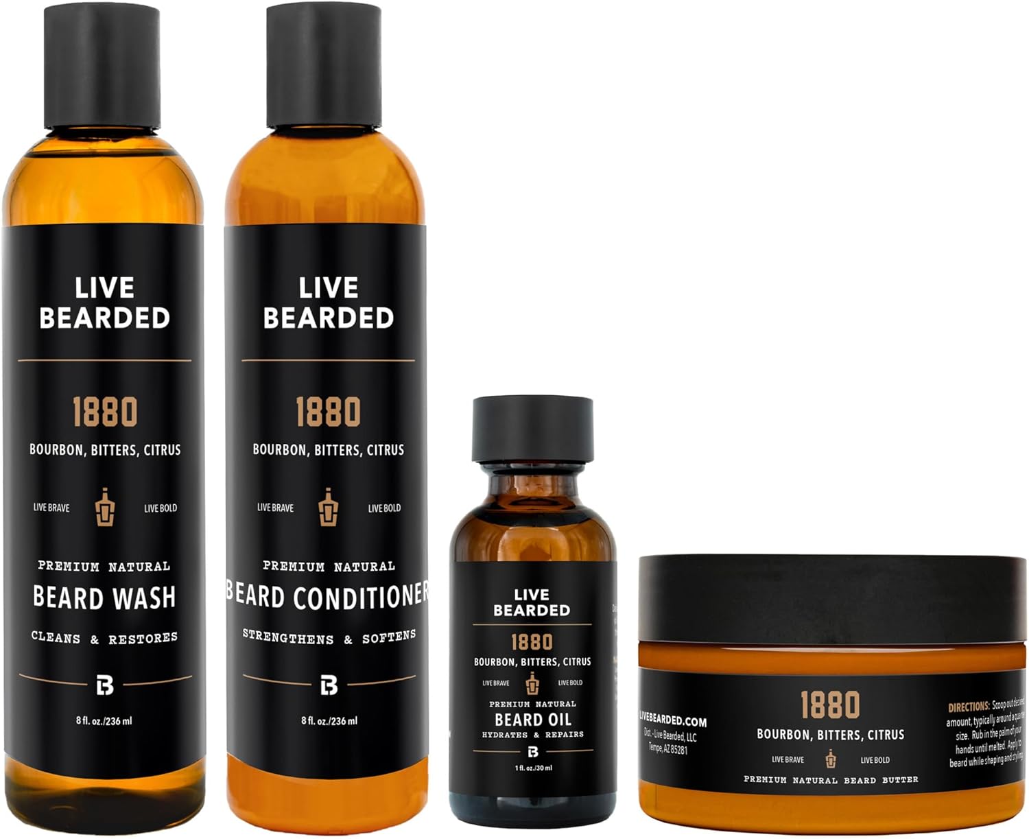 Live Bearded Complete Beard Grooming Kit - Wash, Conditioner, Butter and Oil - Made in the USA with All-Natural Ingredients - Mens Groom Set | 1880 Scent - Bourbon, Bitters, Citrus