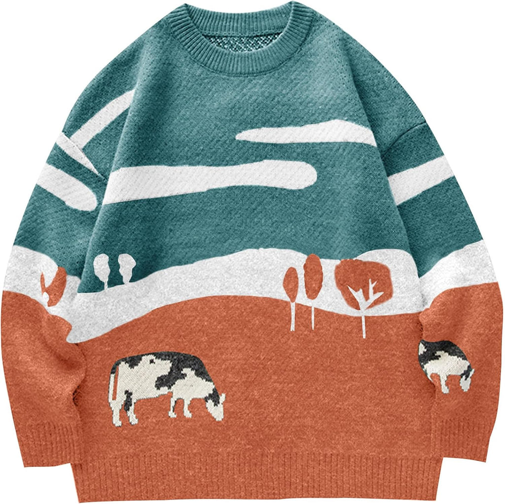 Flygo Men's Cow Sweater Harajuku Oversized Sweaters Chunky Casual Knit Pullover Jumper Fall Winter Fashion