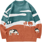 Flygo Men's Cow Sweater Harajuku Oversized Sweaters Chunky Casual Knit Pullover Jumper Fall Winter Fashion